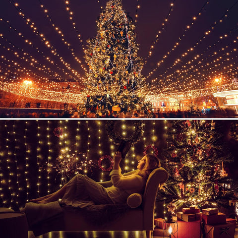 Top: Decorated Christmas tree with lights at night. Bottom: Person lying on a couch under string lights with a decorated Christmas tree.