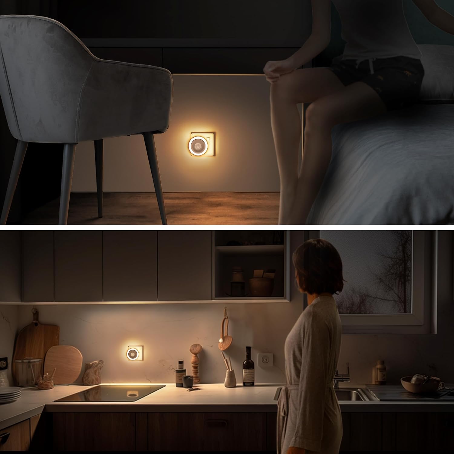 Top image: Person sitting on a bed with a night light on the wall. Bottom image: Person standing in a kitchen with a night light on the wall.