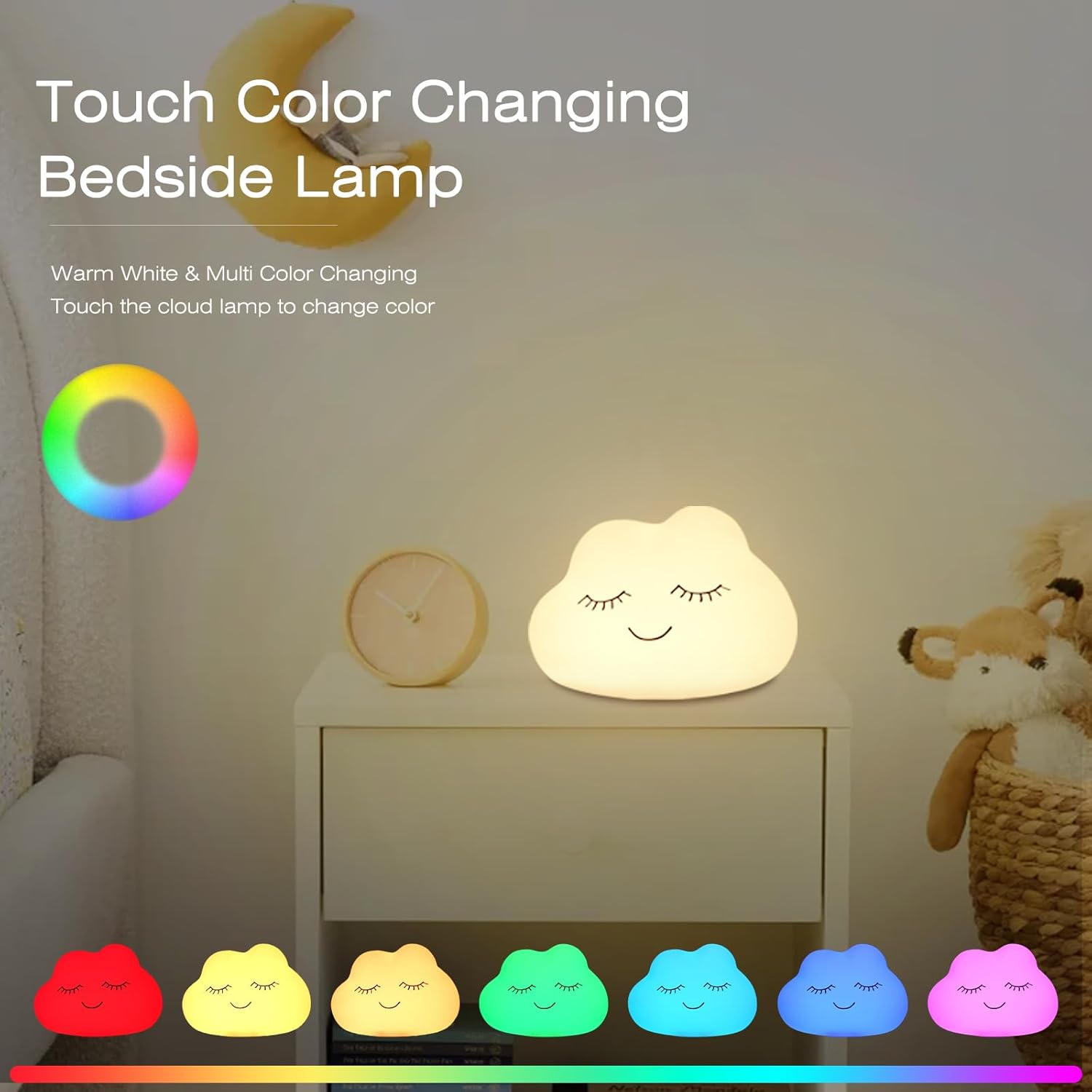 Touch color-changing cloud-shaped bedside lamp on a nightstand with color options displayed.