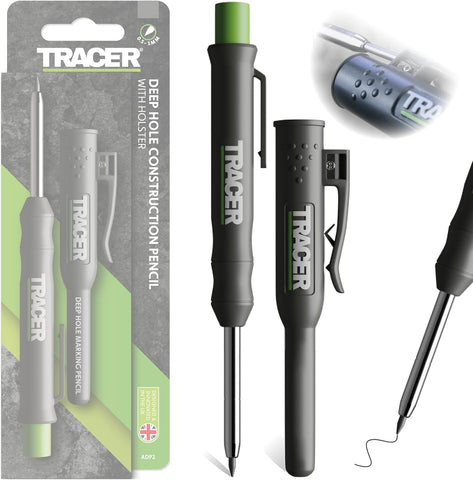 Tracer deer hole construction pencil with packaging and additional tools on a white background