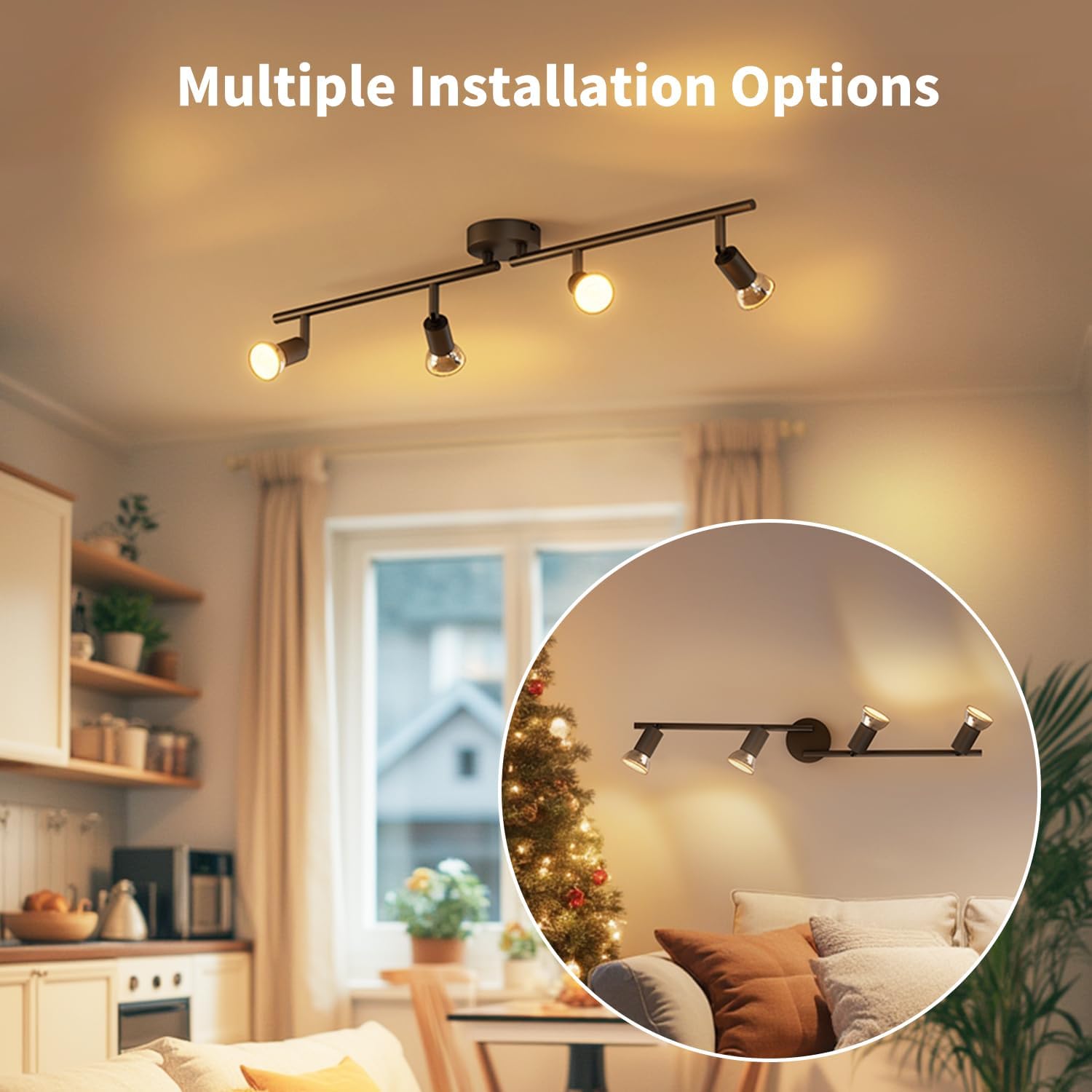 Track light fixture in a living room with multiple installation options text