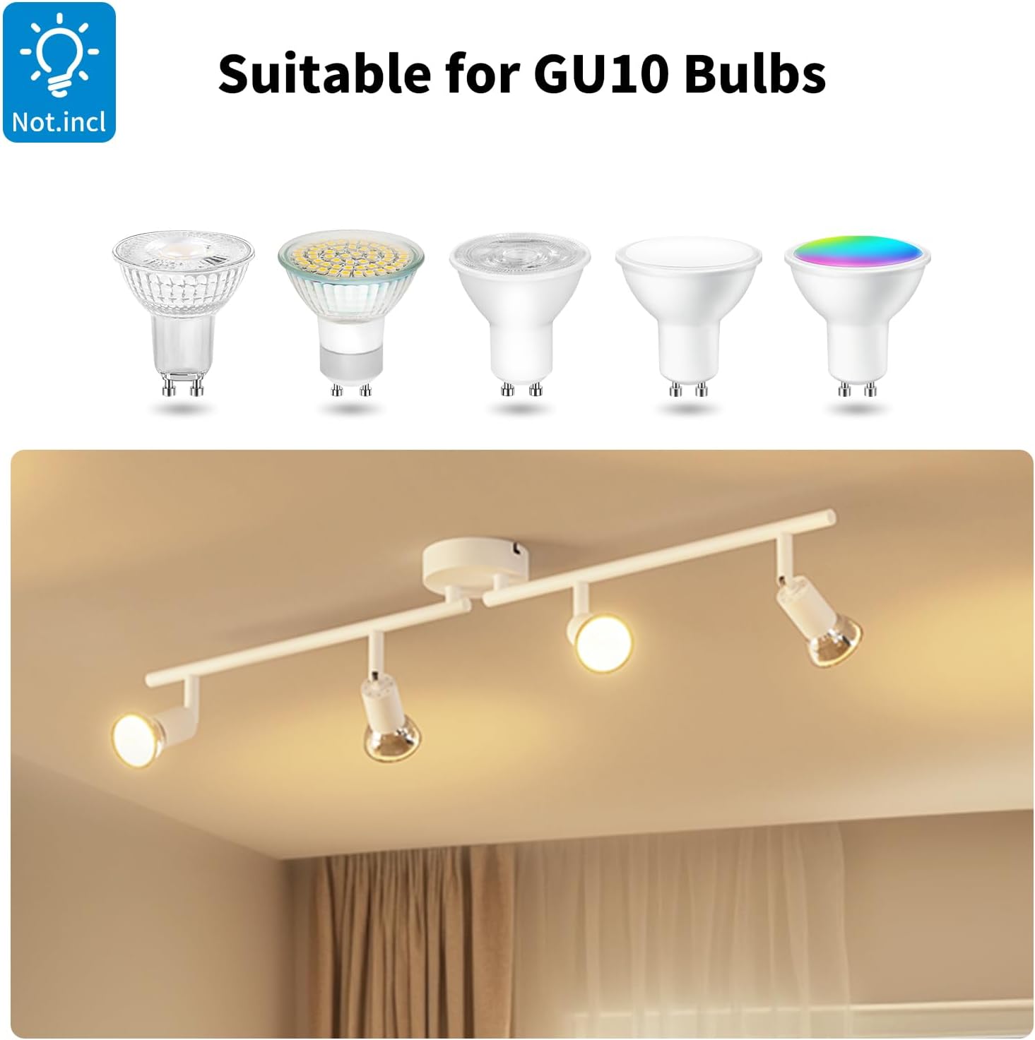 Track light fixture with GU10 bulb compatibility on a beige ceiling.