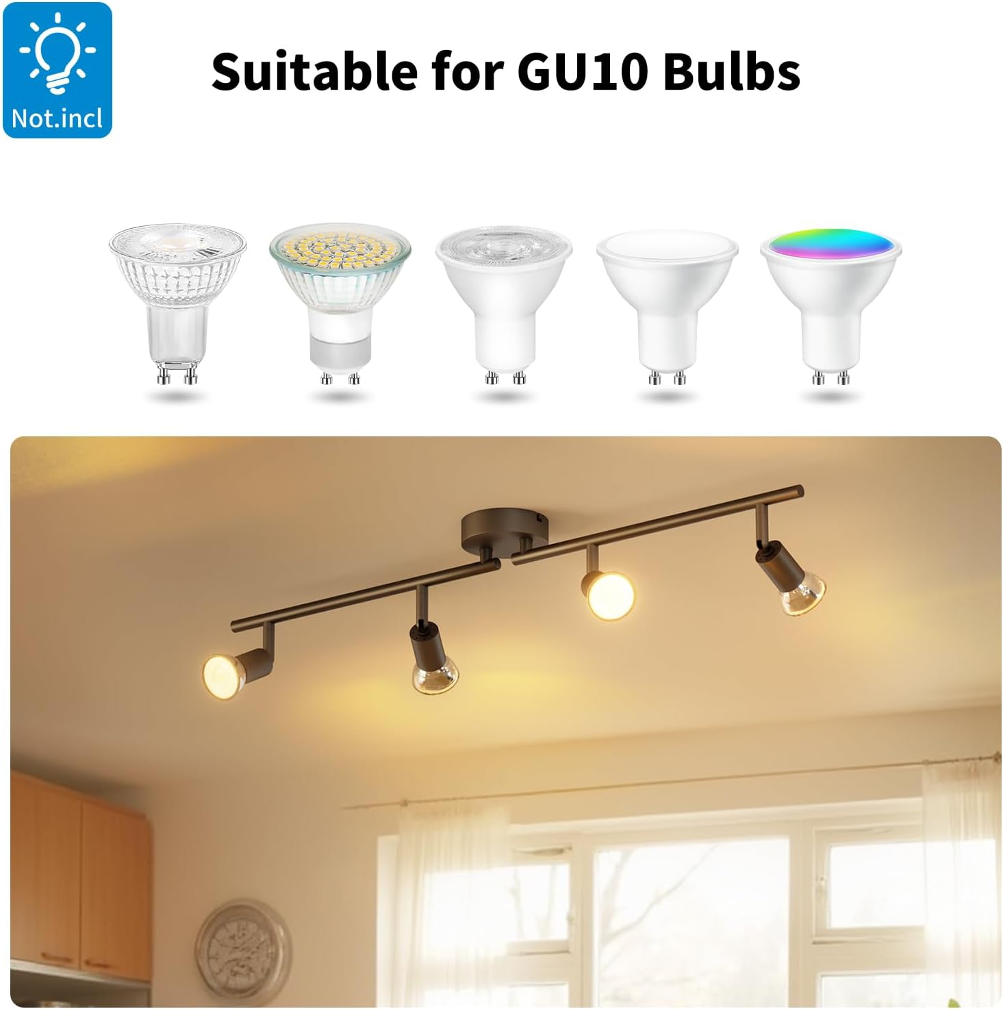 Track light fixture with GU10 bulb compatibility on a white background