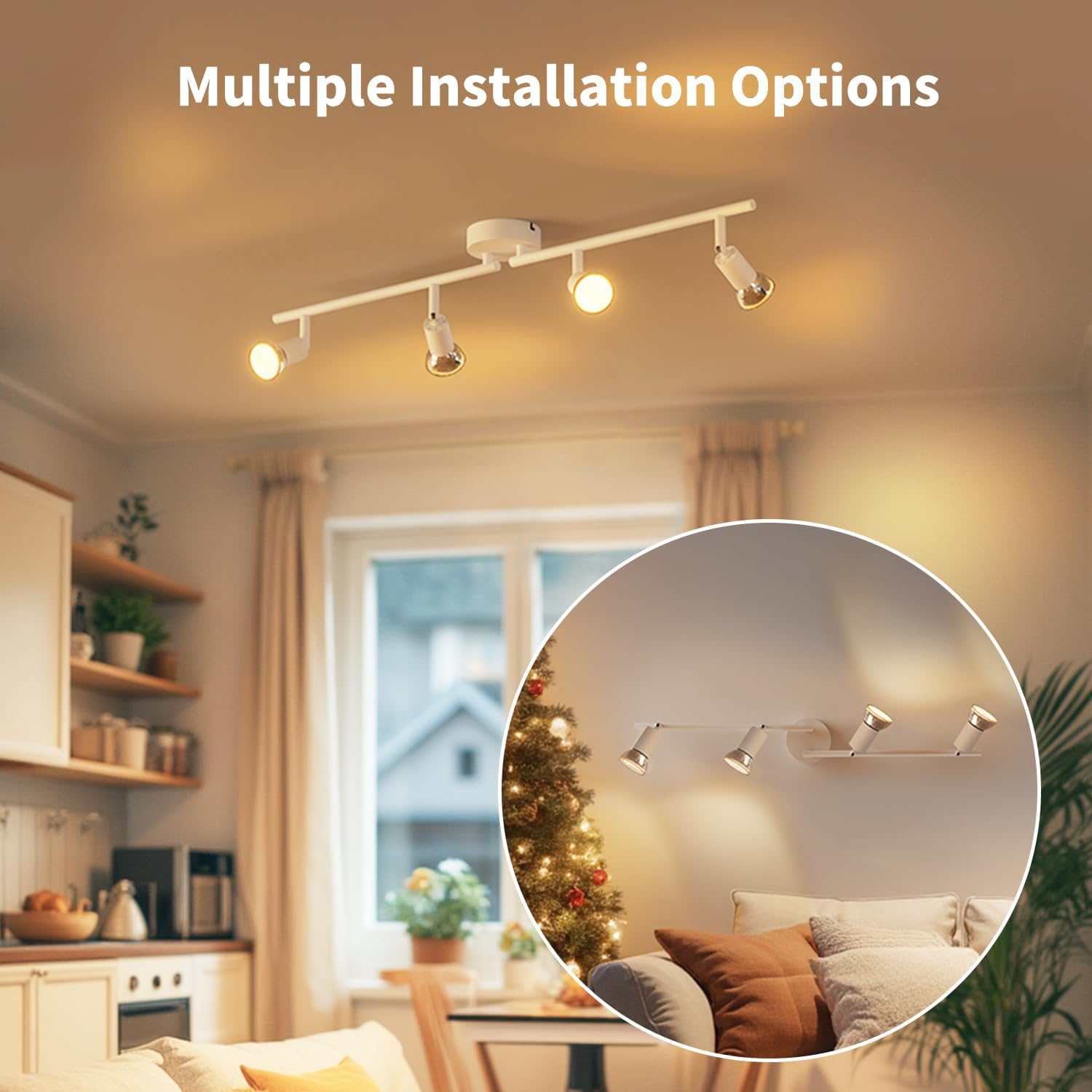 Track lighting system in a living room with multiple installation options highlighted.