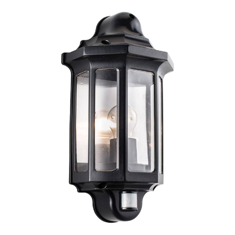 Black PIR sensor outdoor wall lantern mounted by front door.

