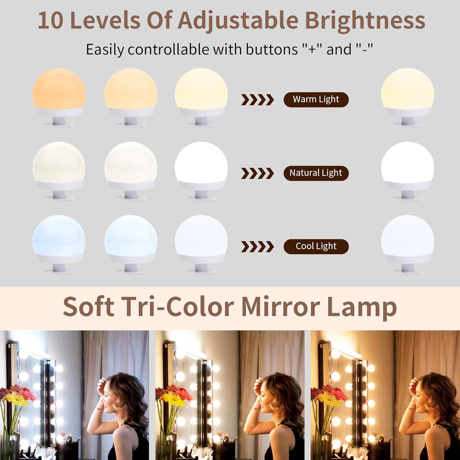 Tri-color mirror lamp with adjustable brightness levels on a white background