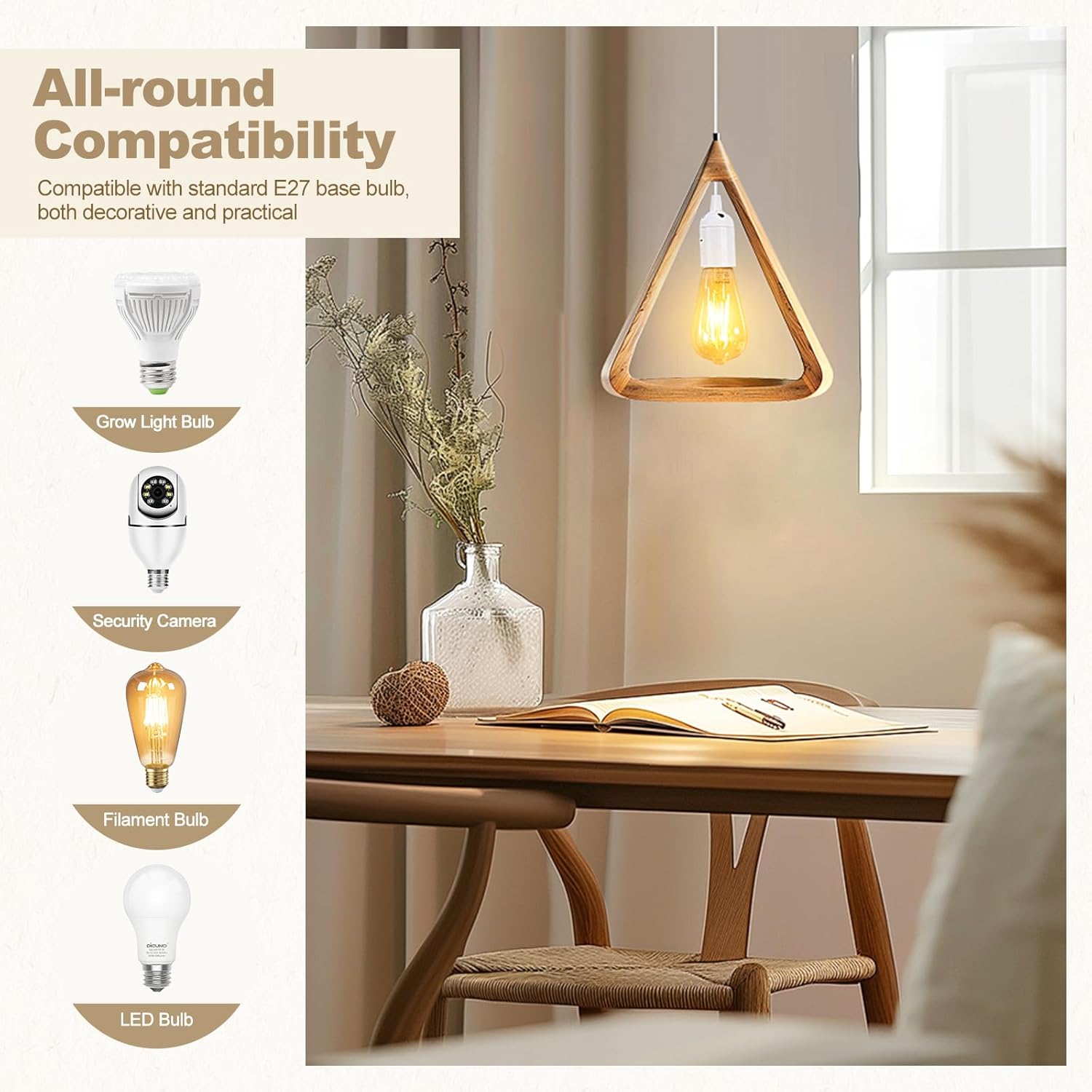 Triangular pendant light fixture on a table with compatibility features listed on the left.