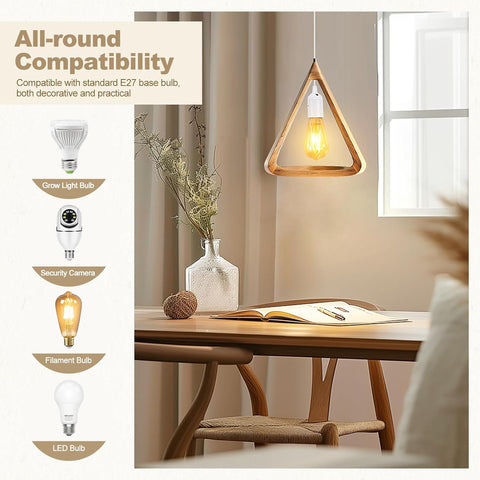 Triangular pendant light fixture on a table with compatibility features listed on the left.