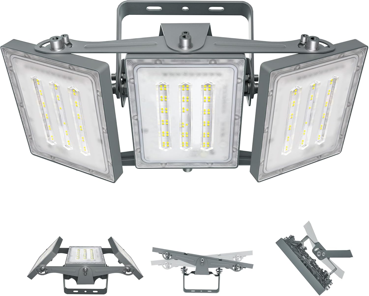 Triple-head LED flood light with mounting brackets on a white background