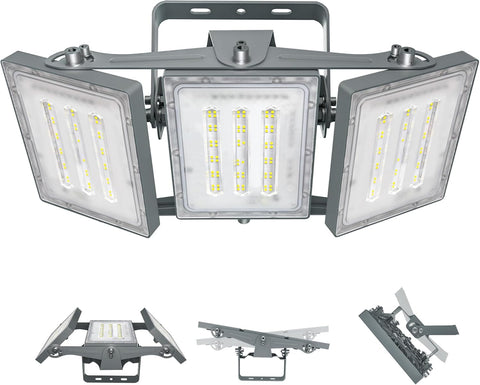 Triple-head LED flood light with mounting brackets on a white background