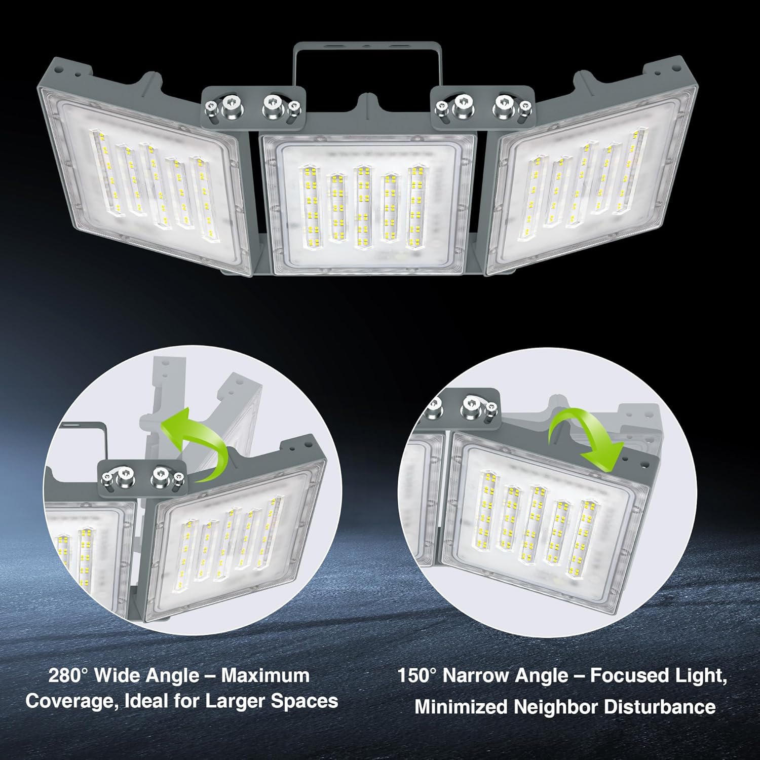 Triple-panel LED light fixture with adjustable angles on a dark background