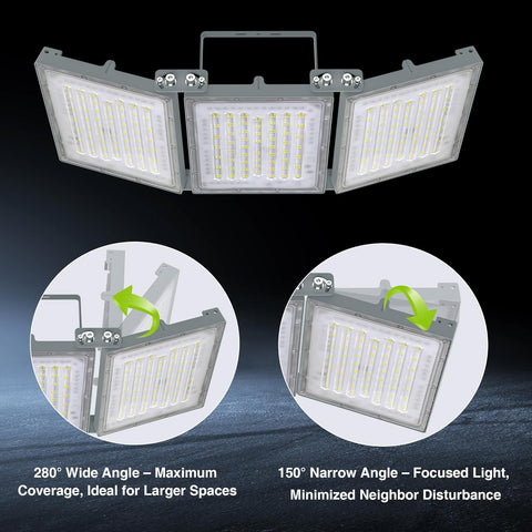 Triple-panel LED light fixture with adjustable angles on a dark background