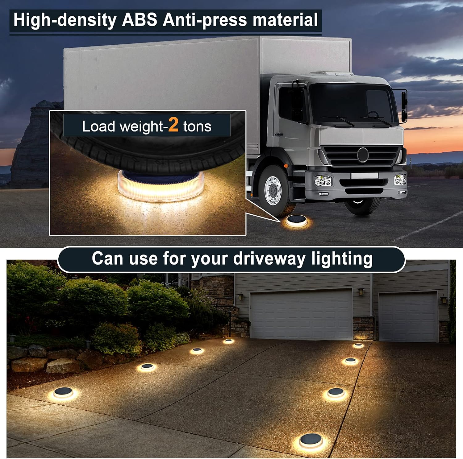 Truck with high-density ABS anti-press material and driveway lights demonstrating load capacity and outdoor use.