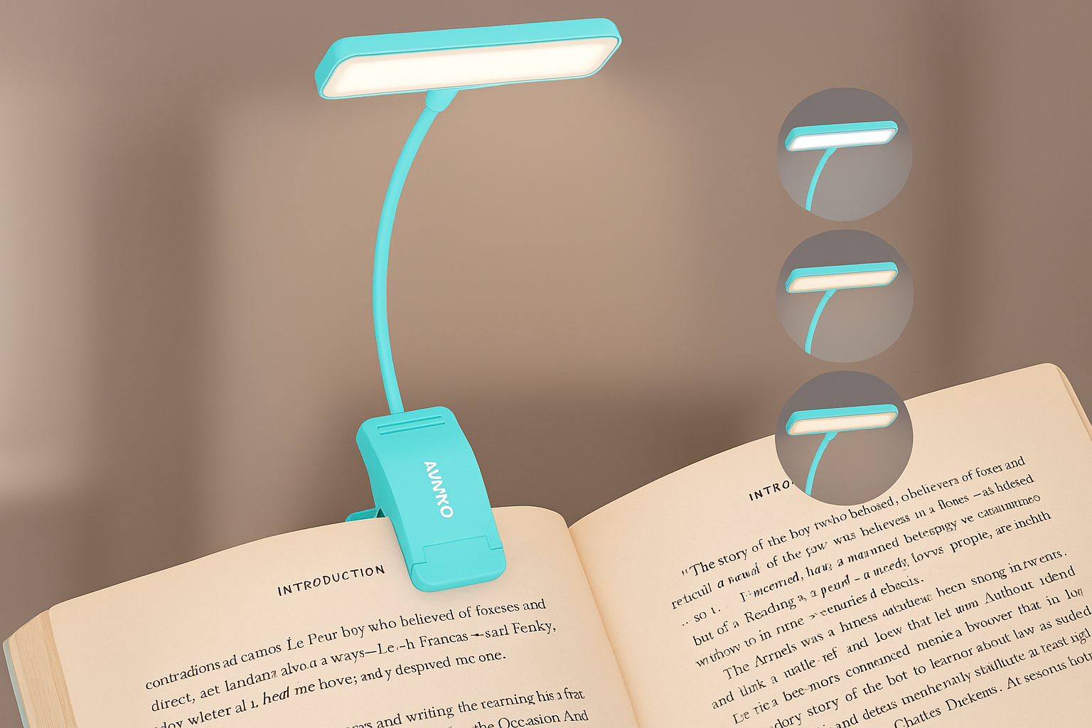 Turquoise LED reading lamp on an open book with a blurred background
