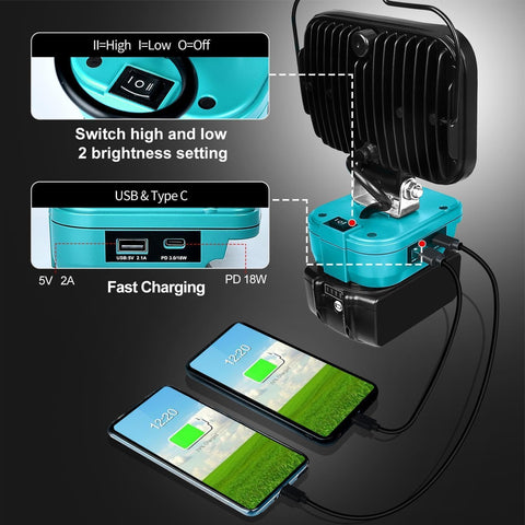 Turquoise work light with charging capabilities for two smartphones on a dark background