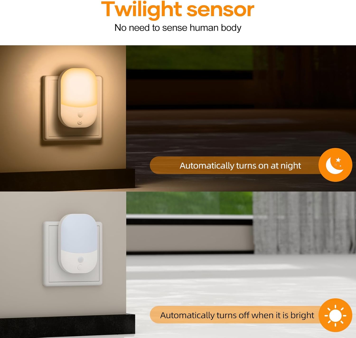 Twilight sensor light with text indicating it turns on at night and off when bright.