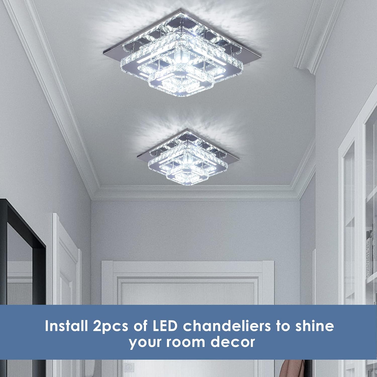 Two LED chandeliers installed on a ceiling in a room with text promoting their use.