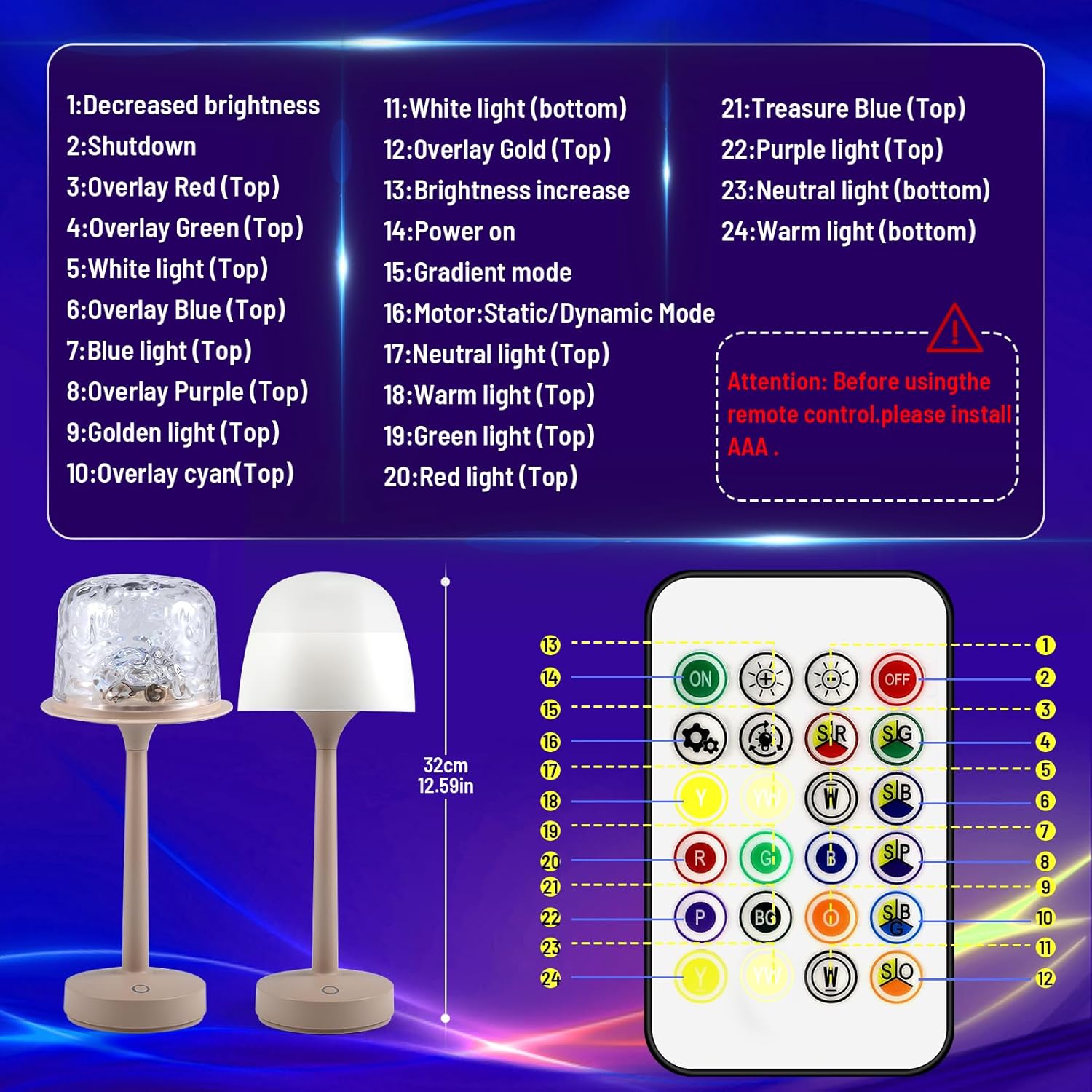 Two LED lamps with a remote control on a blue background, displaying light modes and control buttons.