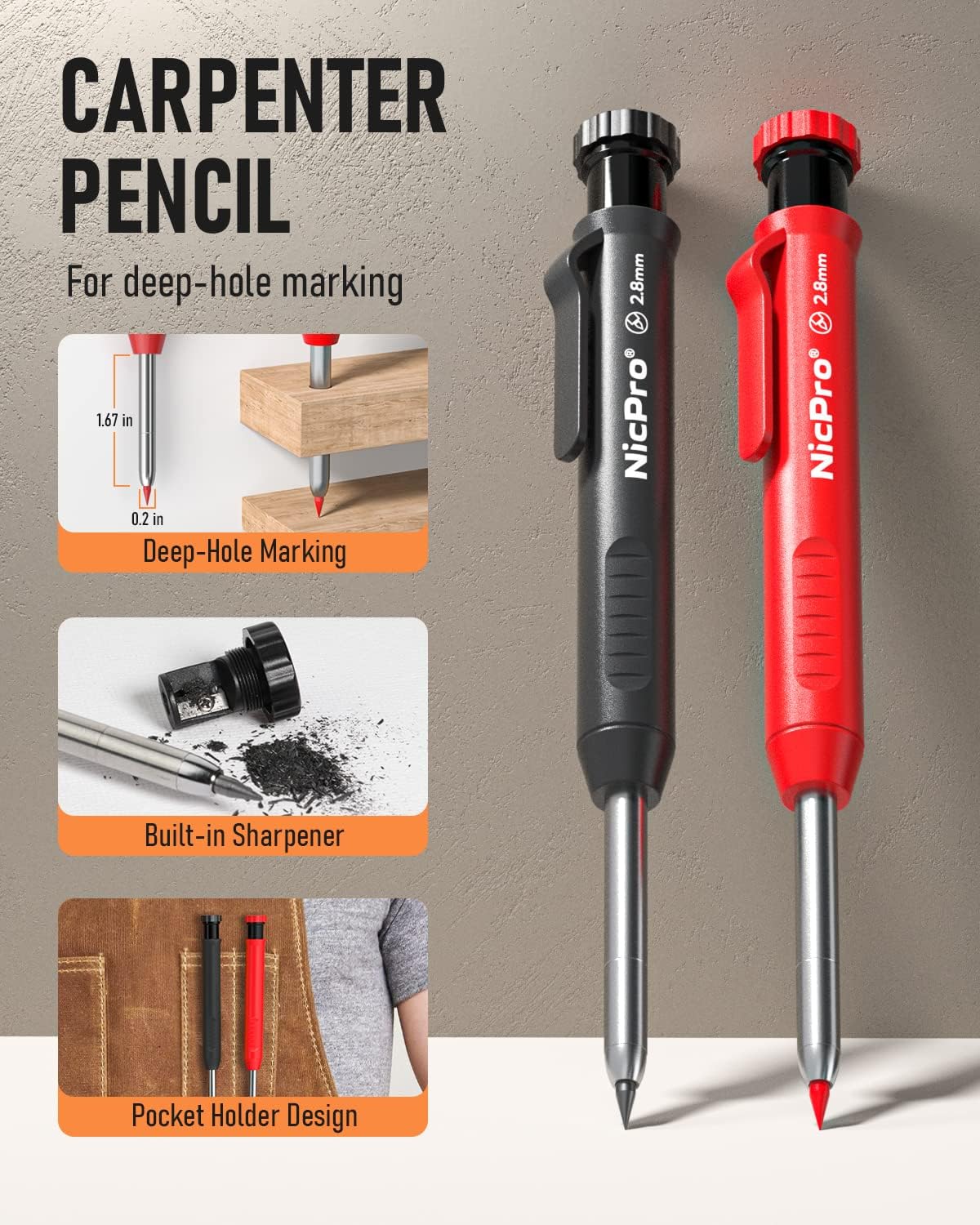 Two NicPro carpenter pencils, one black and one red, on a gray background with text and images showing their features.