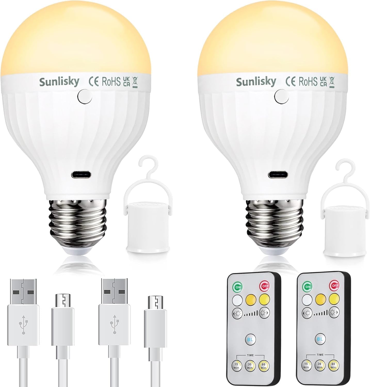 Two Sunlisky LED light bulbs with remote controls and cables on a white background