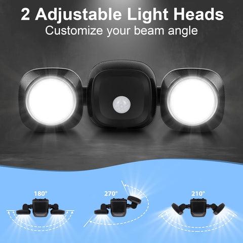 Two adjustable light heads with a central sensor on a dark background, showing customizable beam angles.