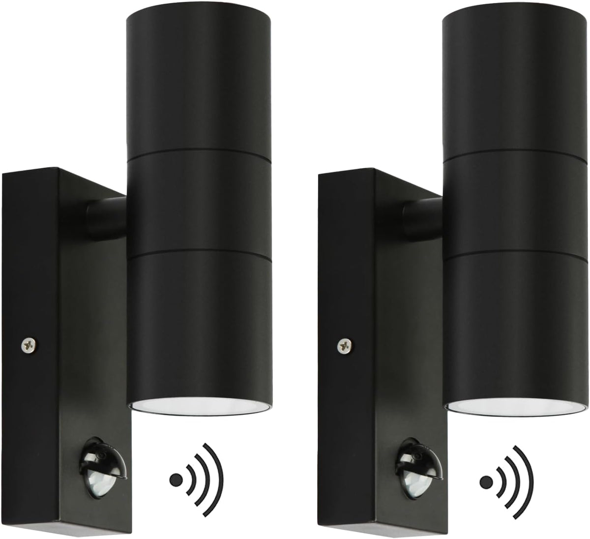 Two black cylindrical wall lights with wireless sensor icons on a white background