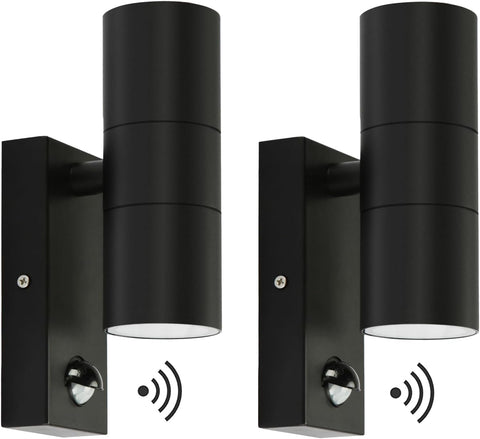 Two black cylindrical wall lights with wireless sensor icons on a white background