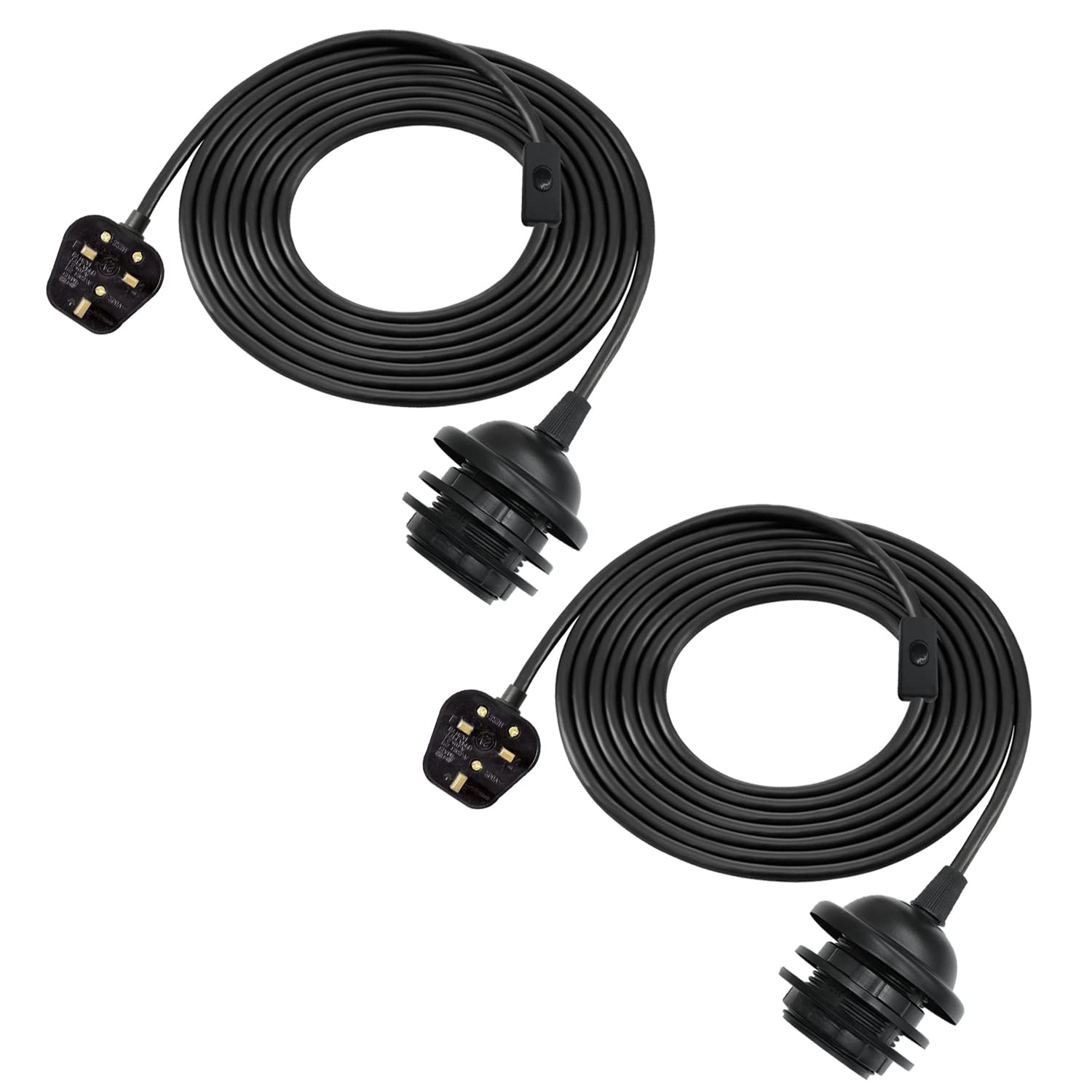 Two black extension cords with connectors on a white background