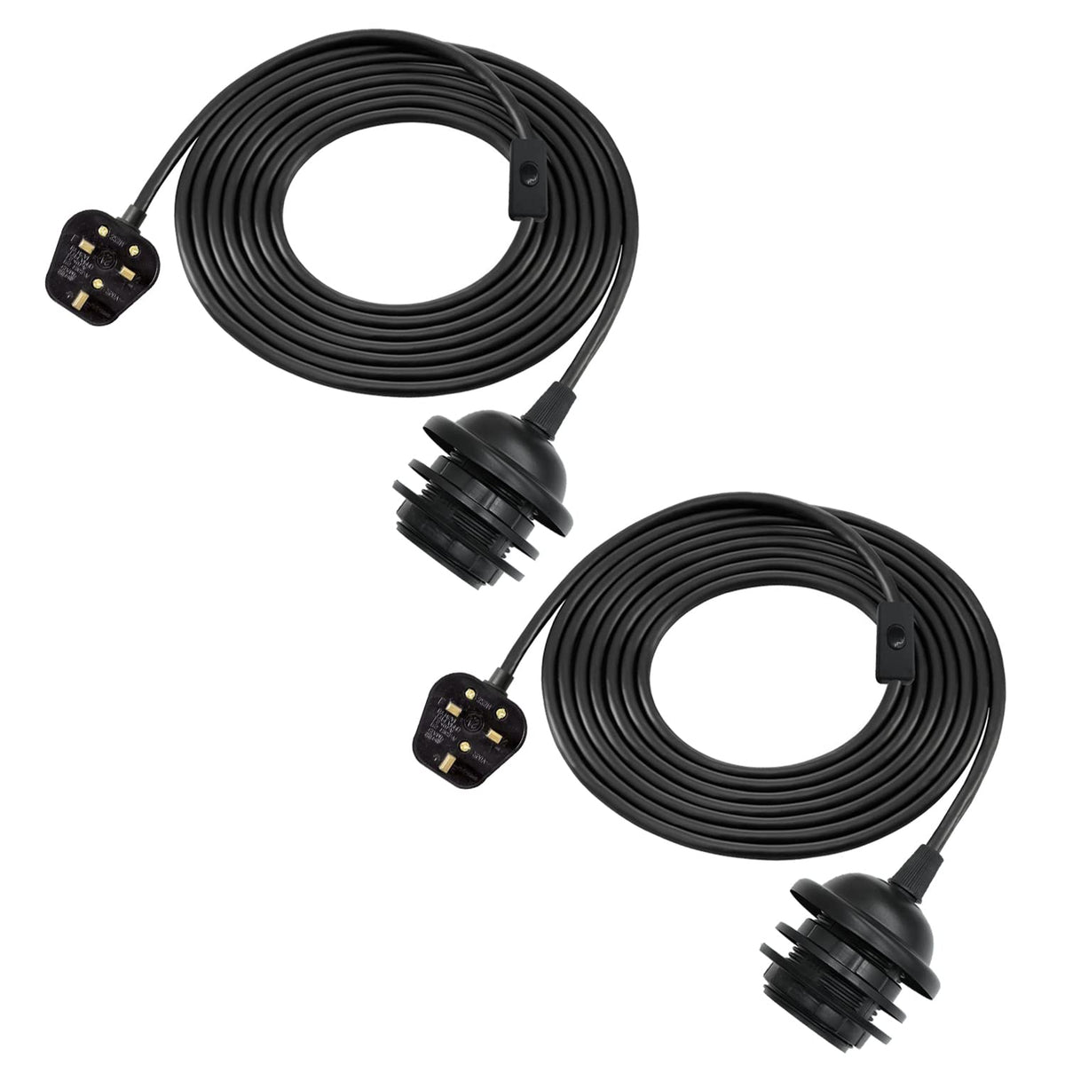 Two black extension cords with connectors on a white background