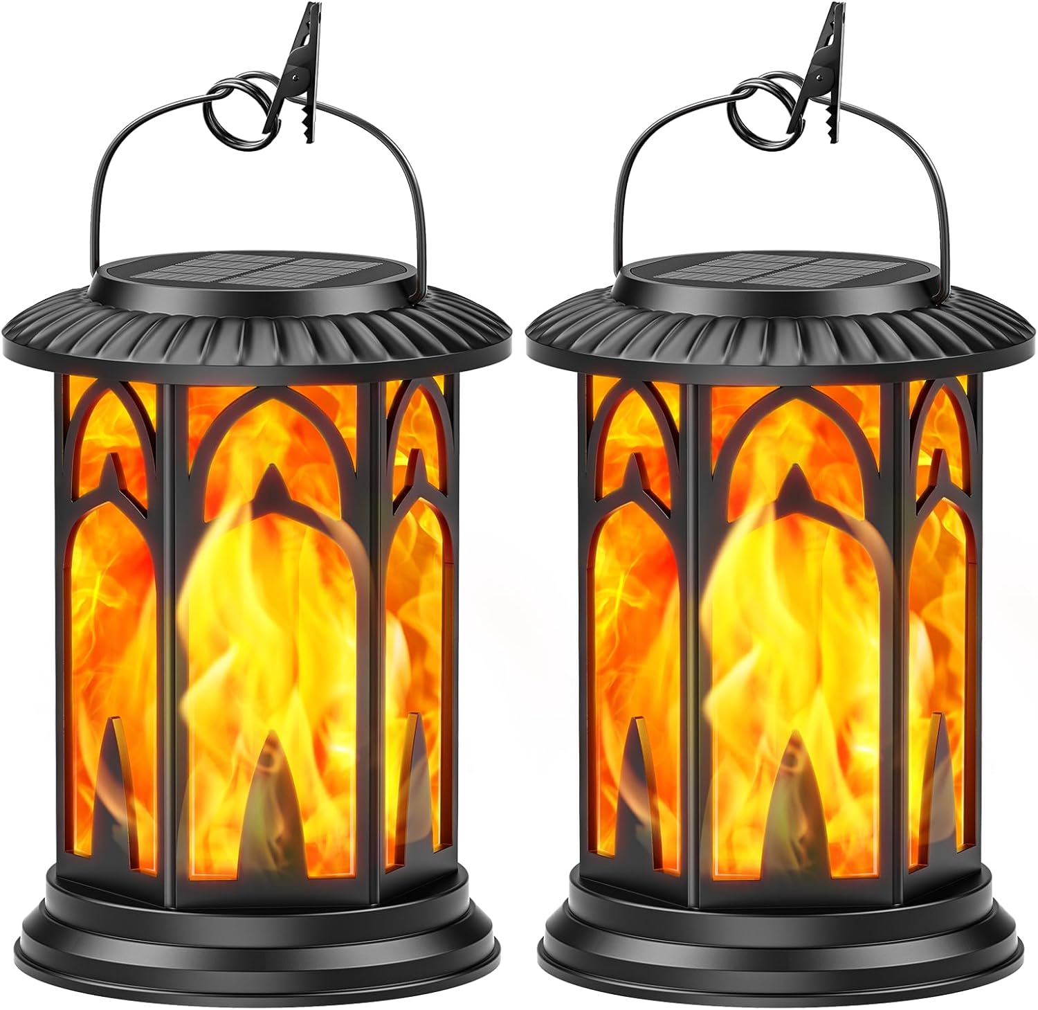 Two black lanterns with flame-like design on a white background