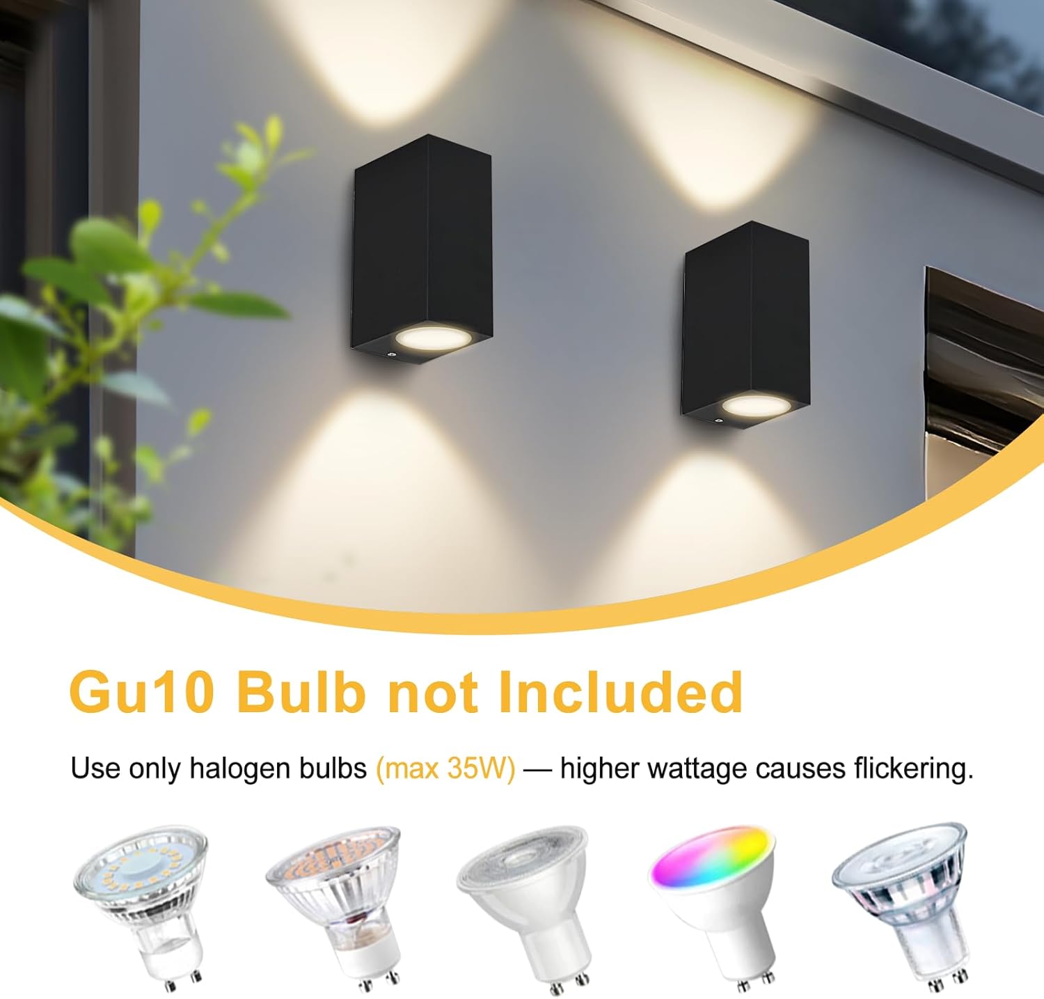 Two black outdoor wall lights on a building with GU10 bulb compatibility information.