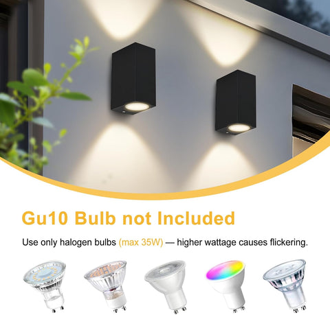 Two black outdoor wall lights on a building with GU10 bulb compatibility information.