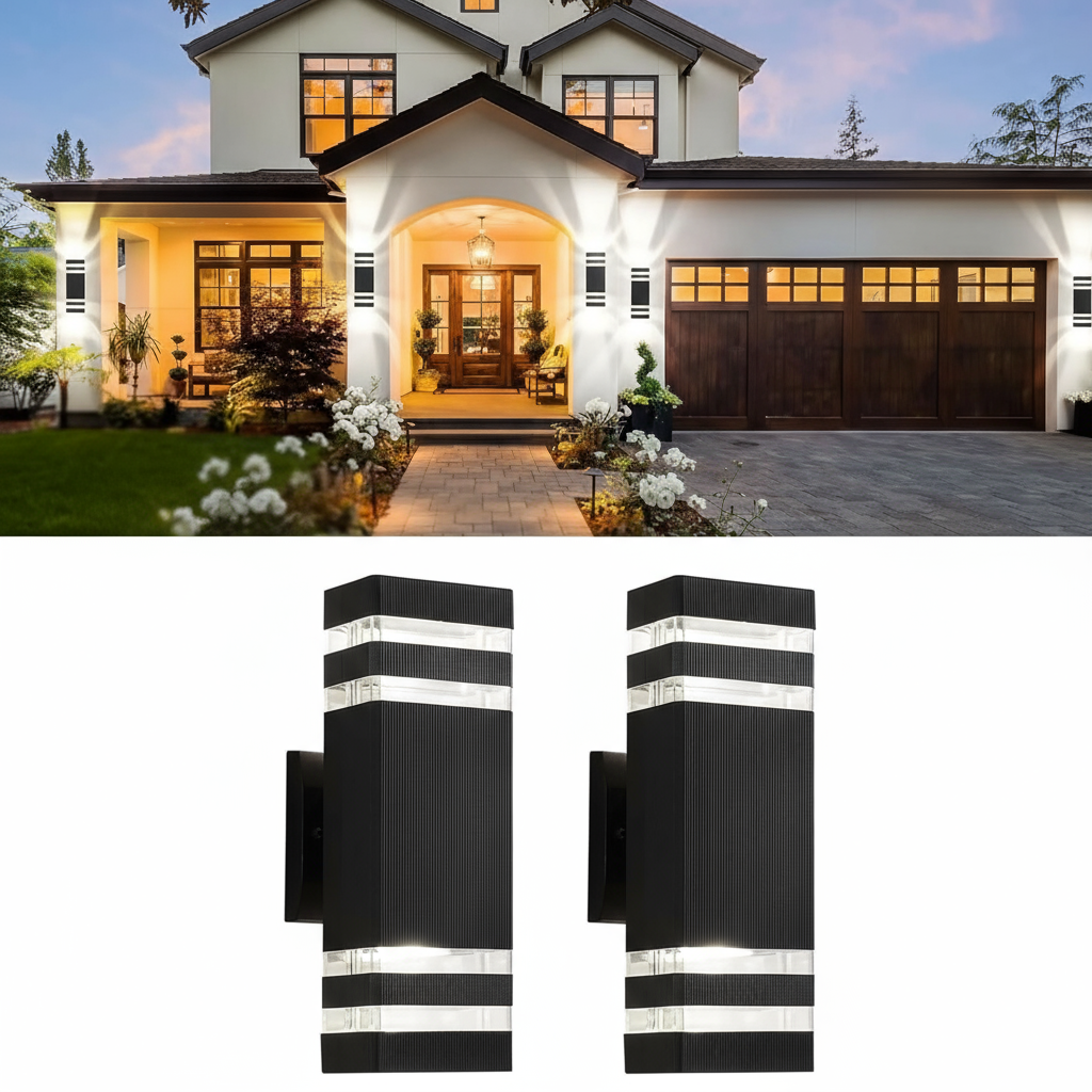 Two black outdoor wall lights with white accents on a white background, displayed below a house exterior.