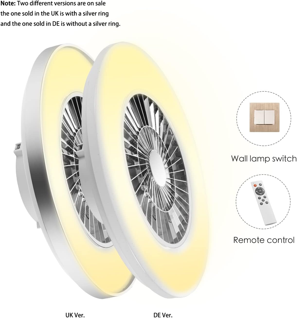 Two ceiling fans with a silver ring on a white background, showing UK and DE versions.