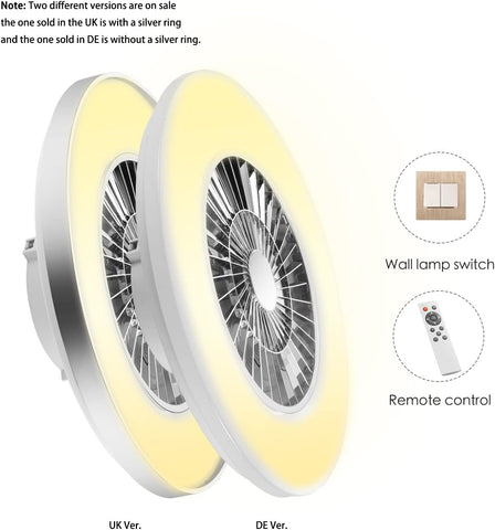 Two ceiling fans with a silver ring on a white background, showing UK and DE versions.