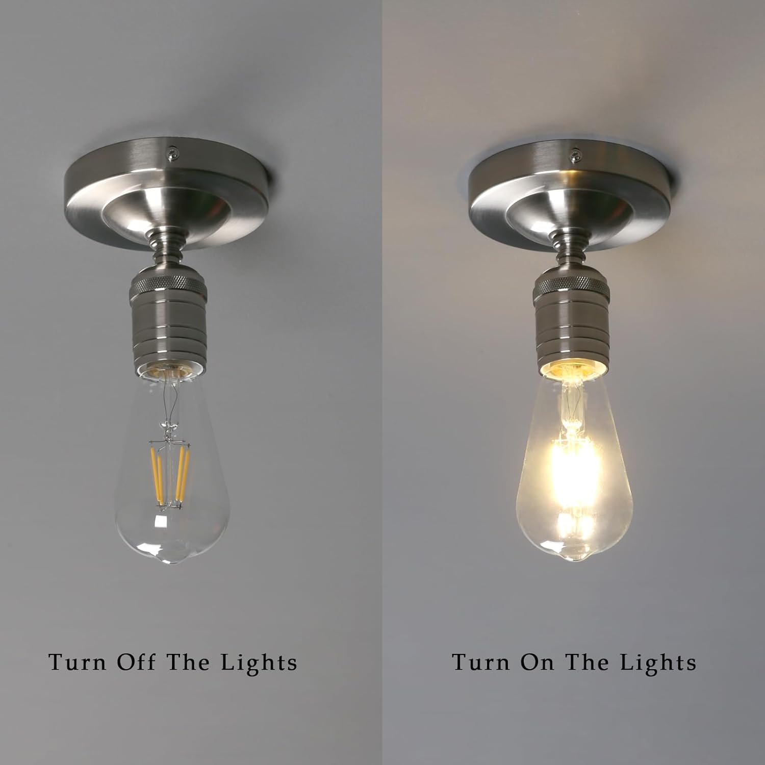 Two ceiling lights with a clear light bulb on the left and a lit light bulb on the right against a gray background.