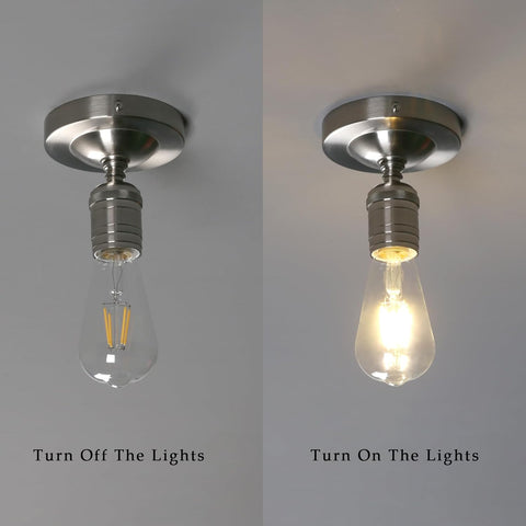 Two ceiling lights with a clear light bulb on the left and a lit light bulb on the right against a gray background.