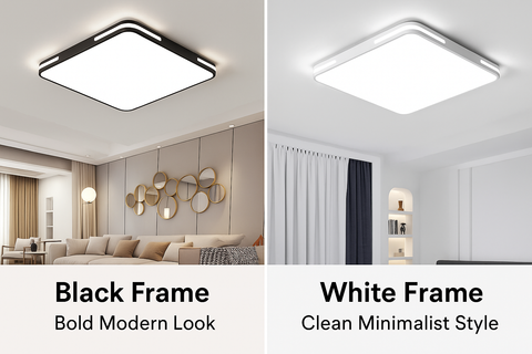 Two ceiling lights with black and white frames in different room settings.