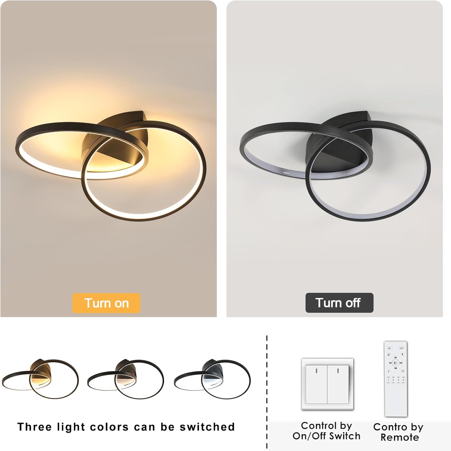 Two ceiling lights with color-changing options and control methods on a gray background.