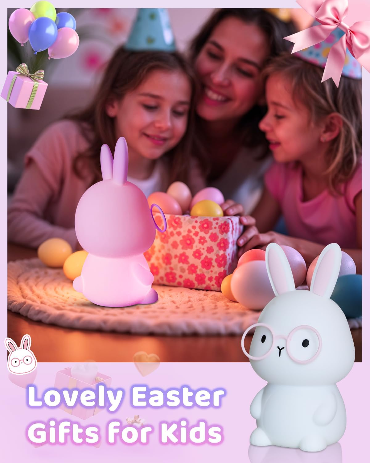 Two children and a woman with Easter eggs and a pink bunny-shaped gift on a table.