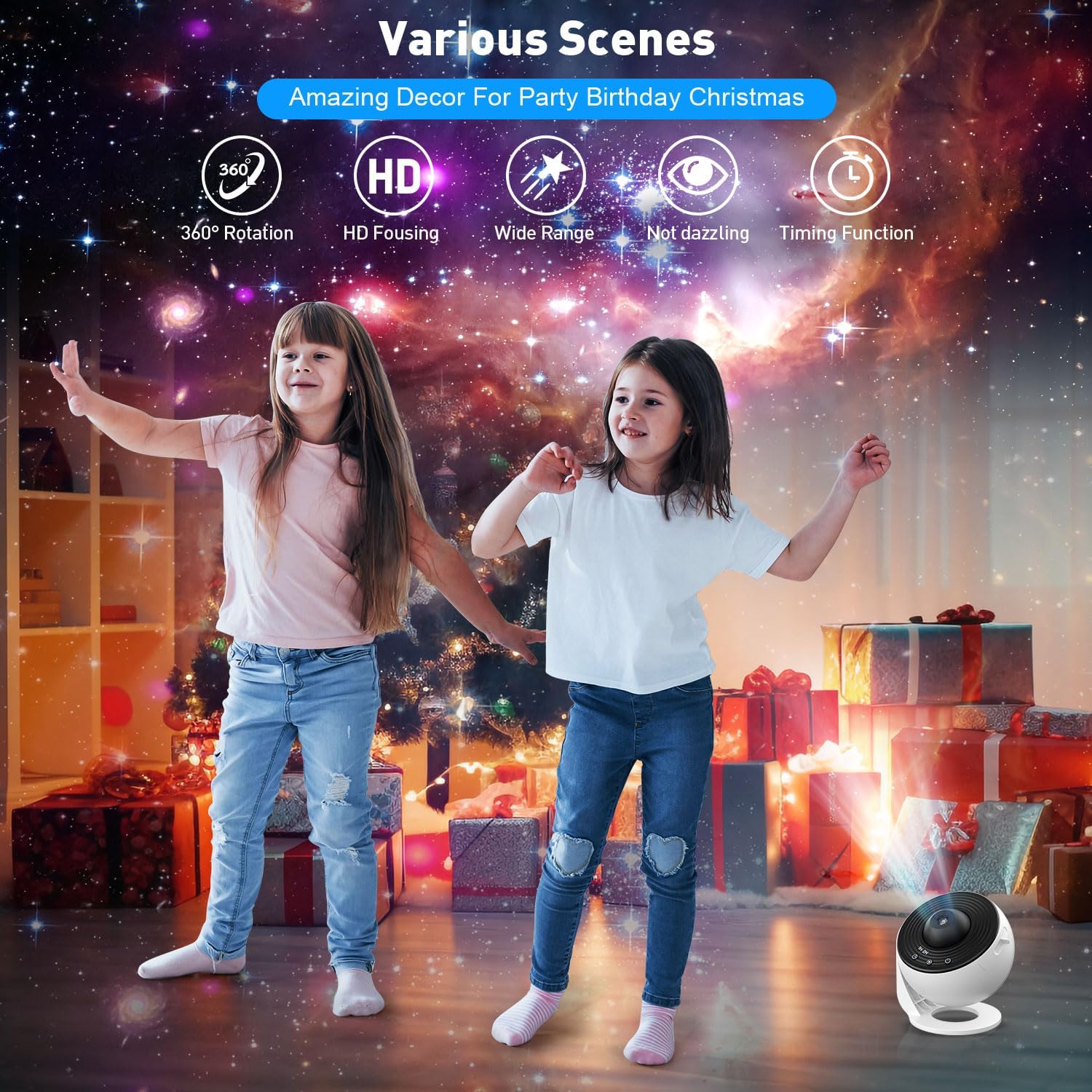 Two children dancing in a decorated room with a camera and lights on a starry night background.