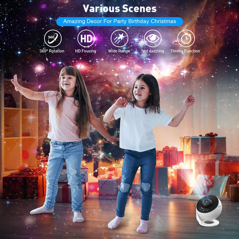 Two children dancing in a decorated room with a camera and lights on a starry night background.
