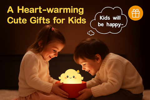 Two children looking at a glowing toy with text about heart-warming gifts for kids.