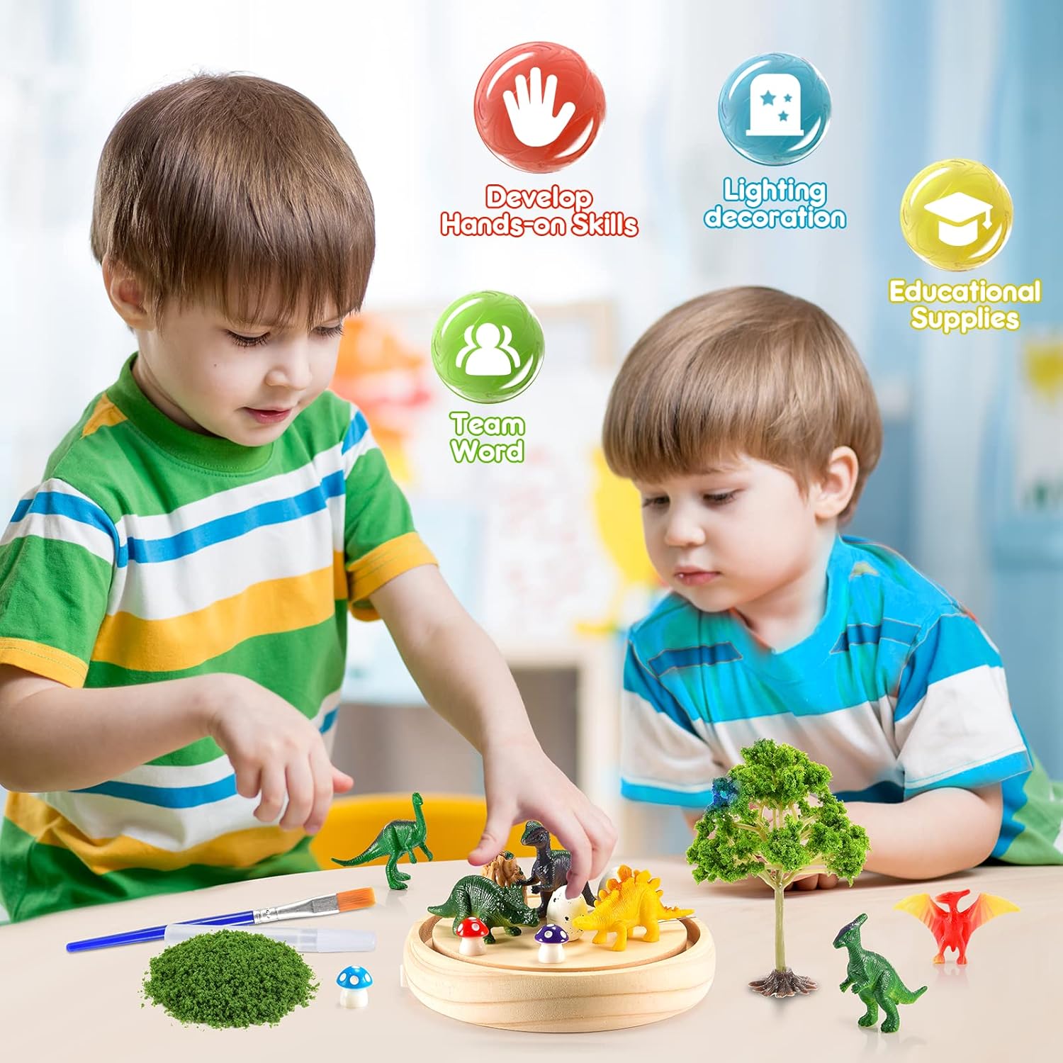 Two children playing with dinosaur toys on a table, surrounded by educational icons.
