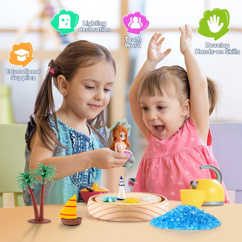 Two children playing with educational toys at a table, surrounded by various toys and decorations.
