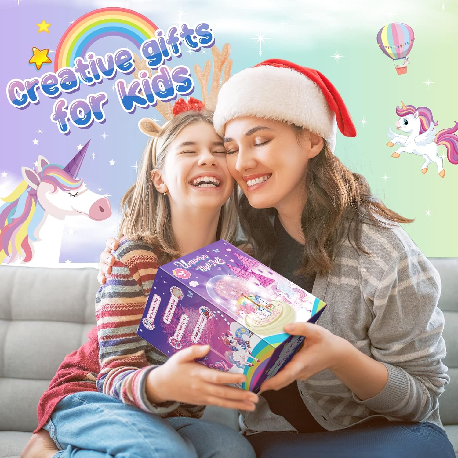 Two children with a gift box against a colorful background with cartoon elements and text 'creative gifts for kids'.