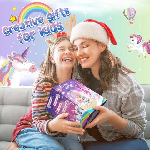 Two children with a gift box against a colorful background with cartoon elements and text 'creative gifts for kids'.