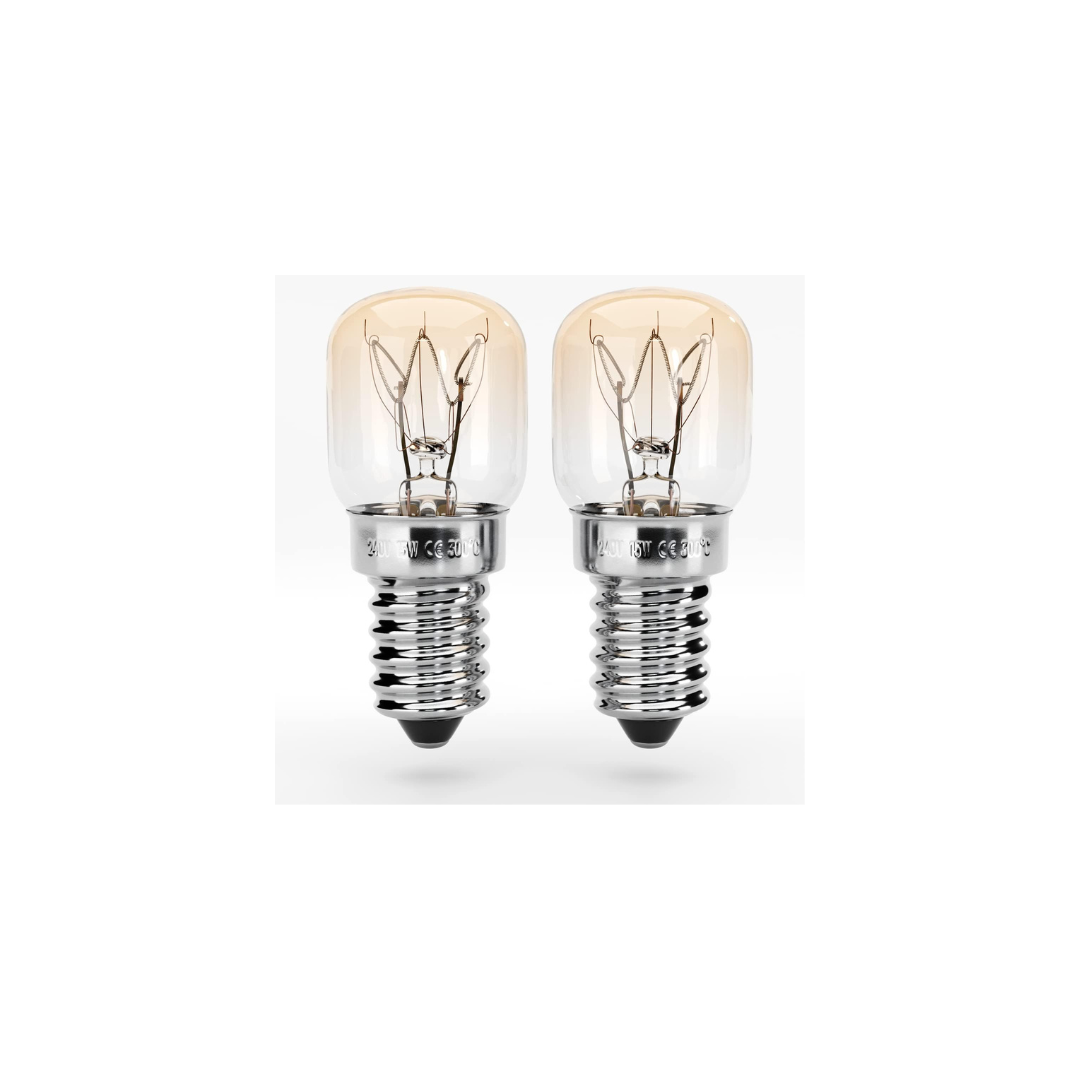 Two clear light bulbs with metal bases on a white background