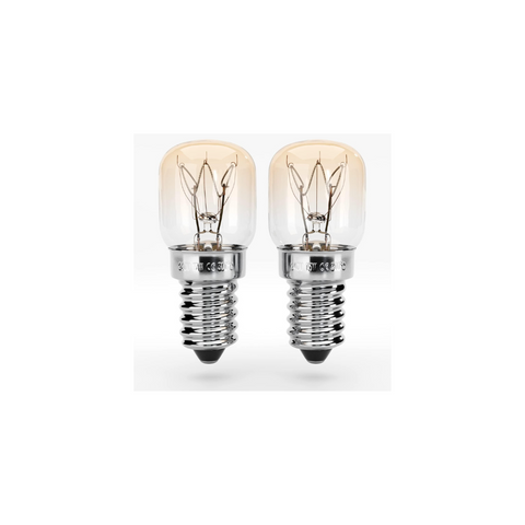 Two clear light bulbs with metal bases on a white background