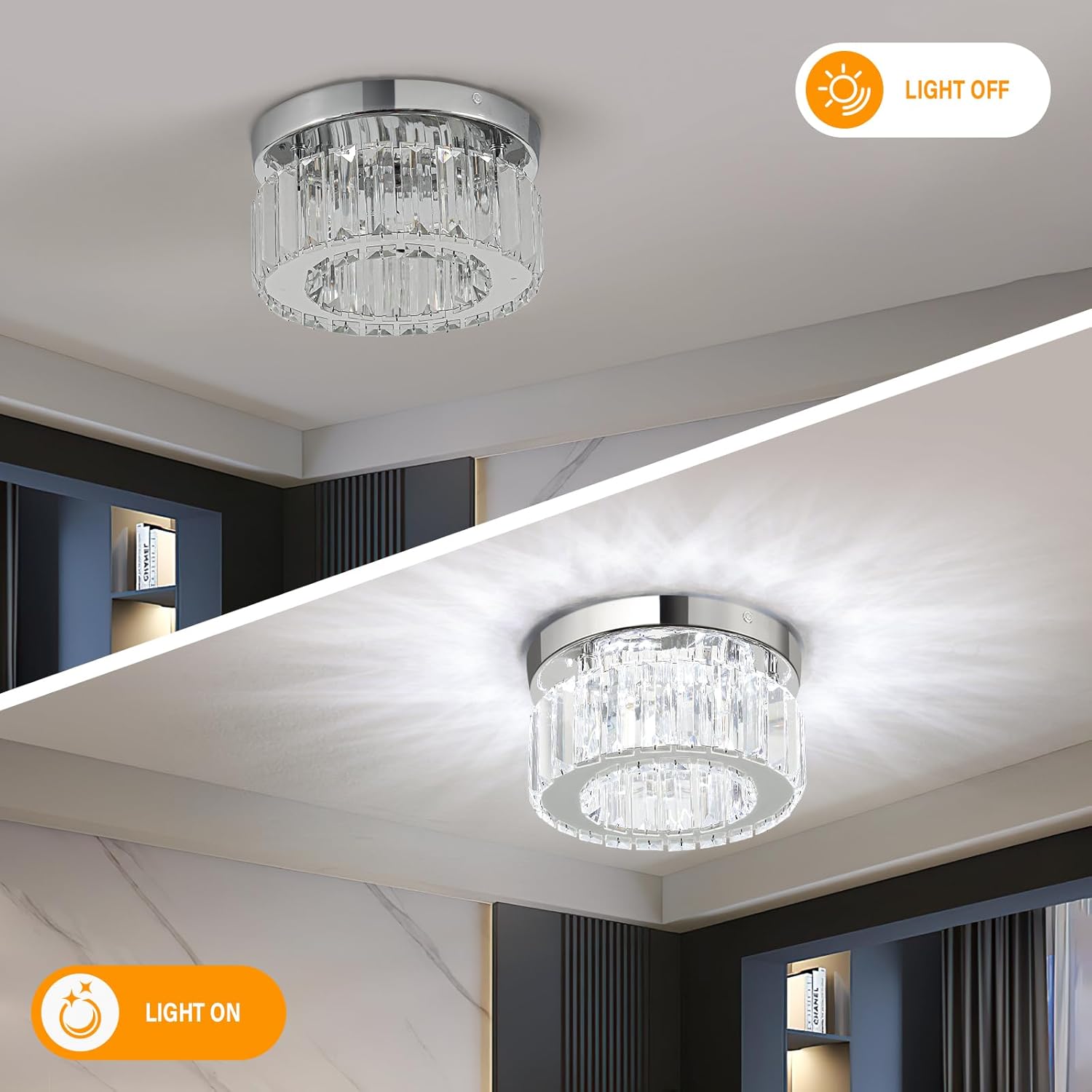 Two crystal ceiling lights on a ceiling with 'Light Off' and 'Light On' indicators.